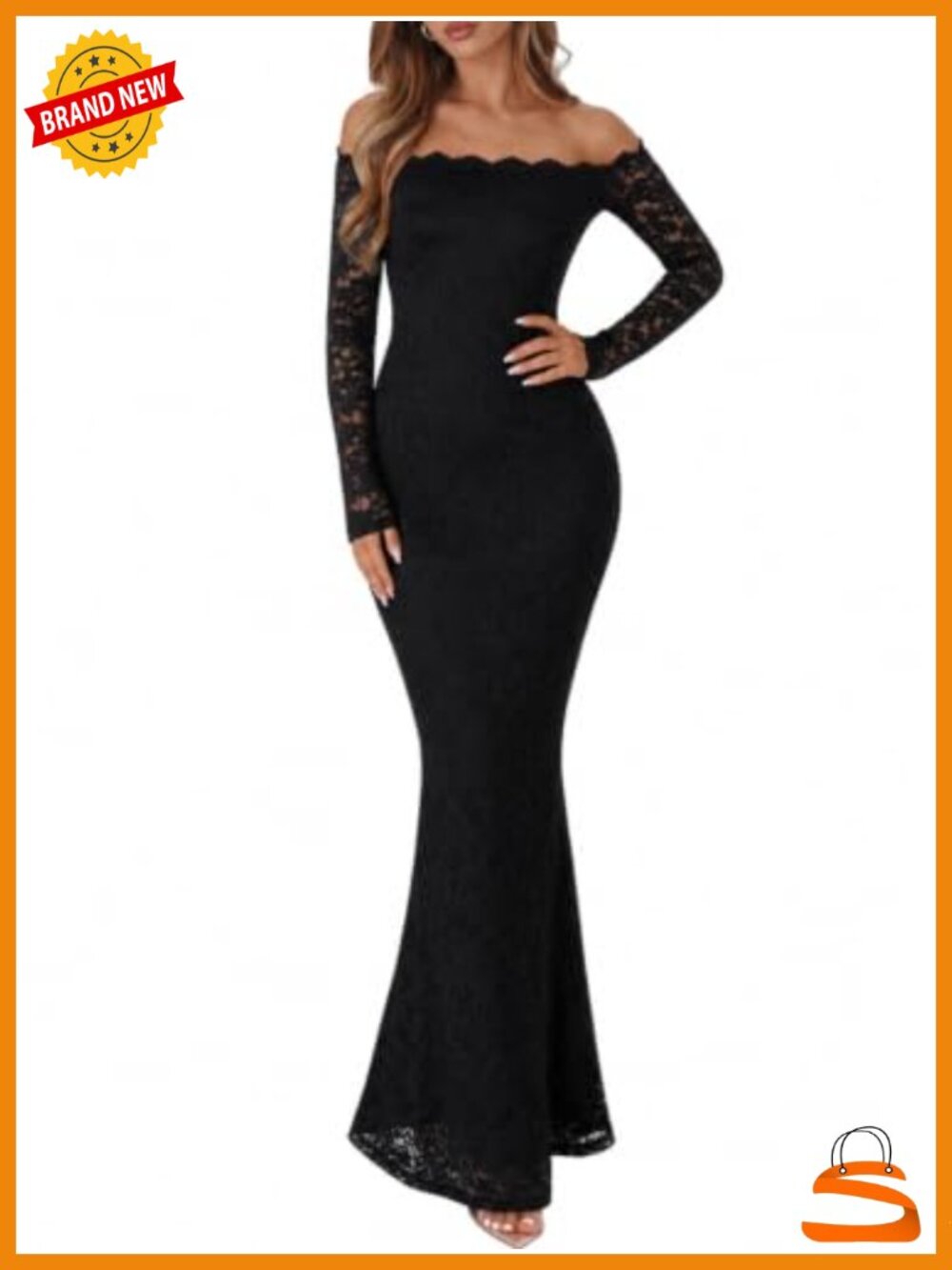 Women's Lace Off Shoulder Long Sleeve Bodycon Formal Maxi Dress